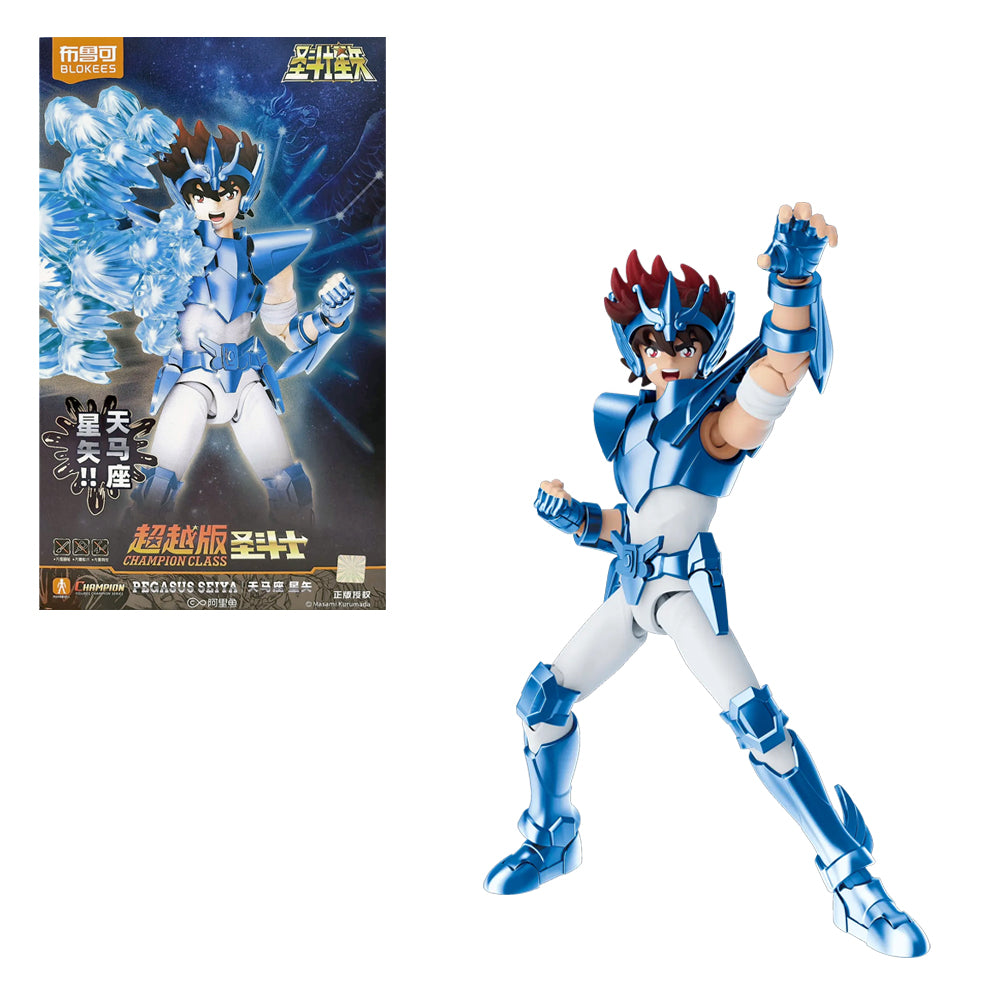 Figura Saint Seiya Seiya Pegasus Blokees figura articulada en armadura azul en pose dinamica con caja Figura Saint Seiya Seiya Pegasus Blokees figura articulada en armadura azul en pose dinamica con caja